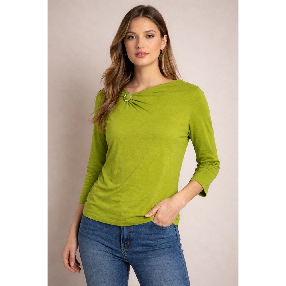 Pappagallo- Lime Green Blouse‎ with Brooch Size L
